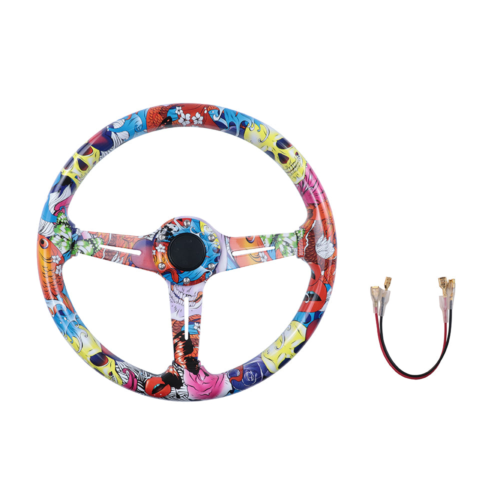 BRAND NEW UNIVERSAL 350MM 14'' Stickerbomb Acrylic Deep Dish 6 Holes Steering Wheel w/Horn Button Cover