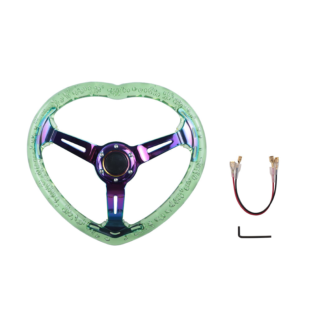 Brand New Universal 6-Hole 350MM Heart Green Deep Dish Vip Crystal Bubble Neo Spoke Steering Wheel