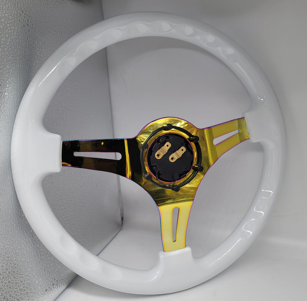 Brand New 350mm 14" Universal JDM RED HONDA Deep Dish ABS Racing Steering Wheel White With Neo-Chrome Spoke