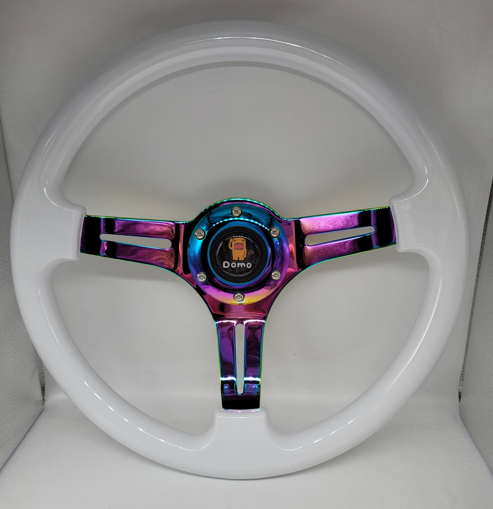 Brand New 350mm 14" Universal JDM Domo Deep Dish ABS Racing Steering Wheel White With Neo-Chrome Spoke