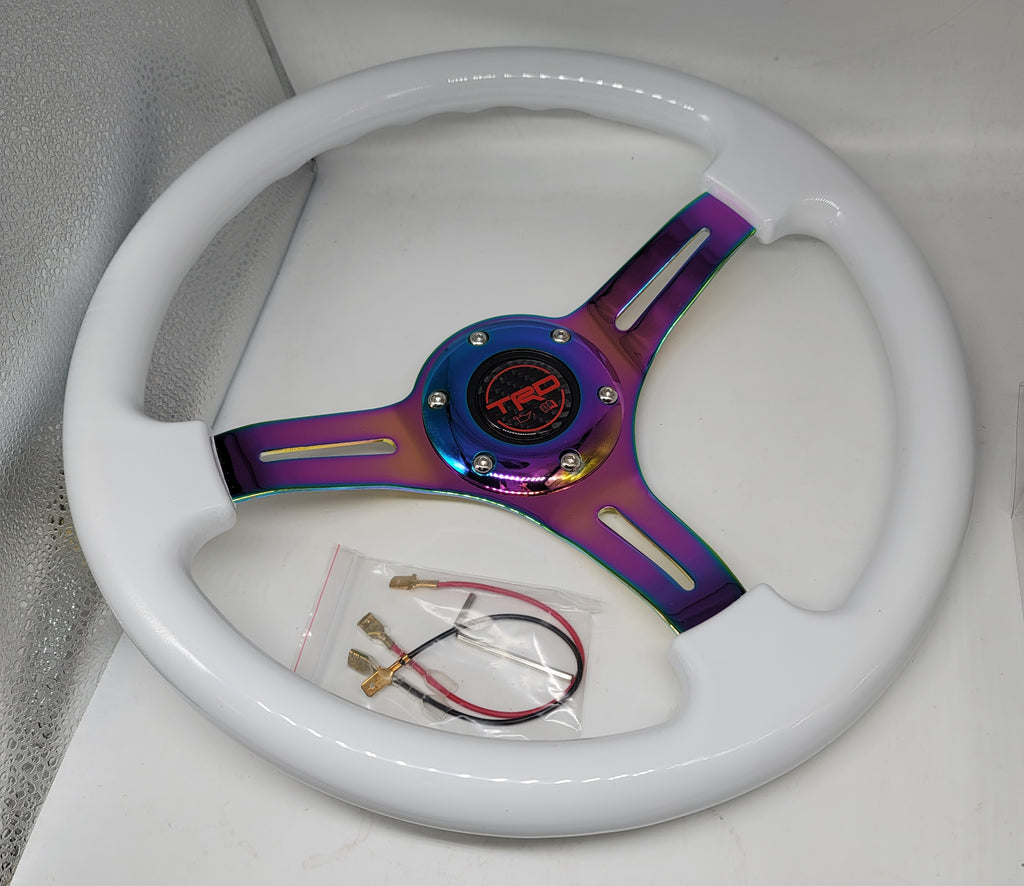 Brand New 350mm 14" Universal JDM TRD Deep Dish ABS Racing Steering Wheel White With Neo-Chrome Spoke