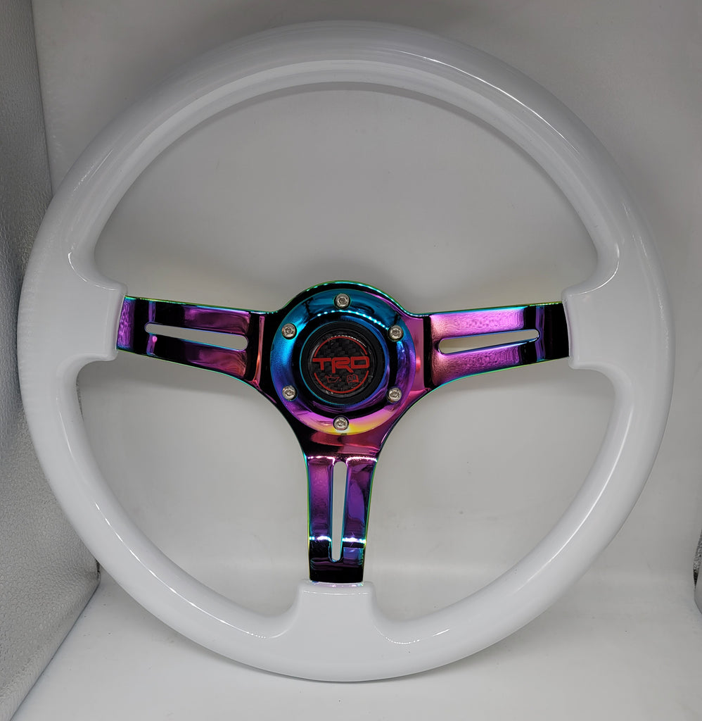 Brand New 350mm 14" Universal JDM TRD Deep Dish ABS Racing Steering Wheel White With Neo-Chrome Spoke
