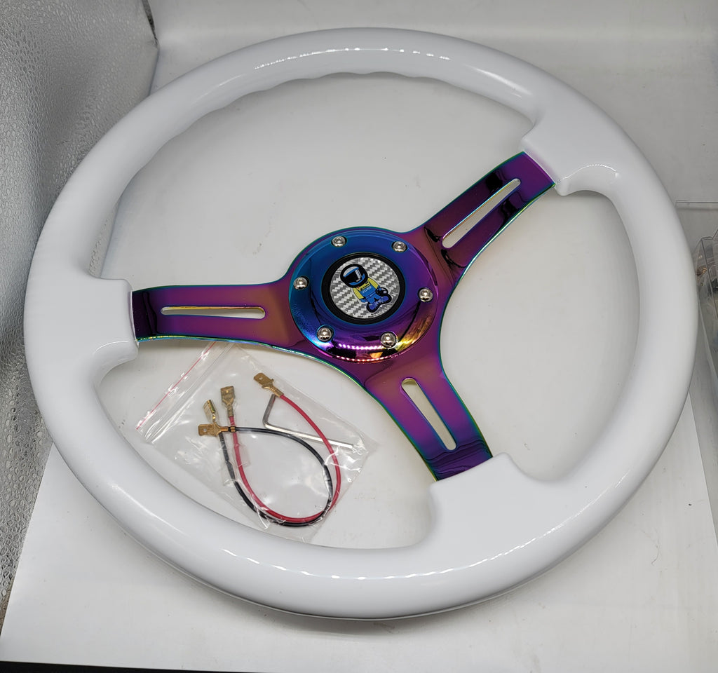 Brand New 350mm 14" Universal JDM Spoon Sports Racer Deep Dish ABS Racing Steering Wheel White With Neo-Chrome Spoke