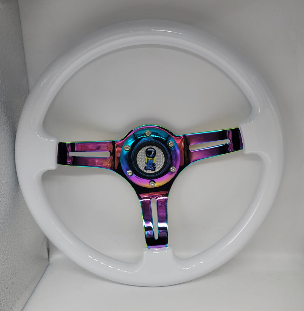 Brand New 350mm 14" Universal JDM Spoon Sports Racer Deep Dish ABS Racing Steering Wheel White With Neo-Chrome Spoke