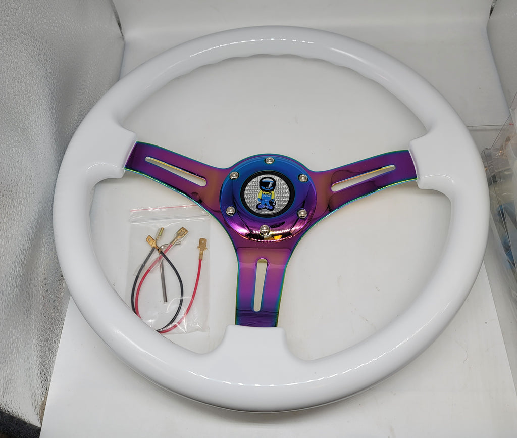 Brand New 350mm 14" Universal JDM Spoon Sports Racer Deep Dish ABS Racing Steering Wheel White With Neo-Chrome Spoke