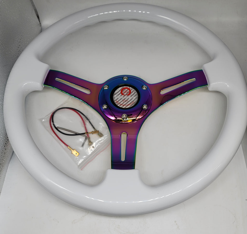 Brand New 350mm 14" Universal JDM Mugen Deep Dish ABS Racing Steering Wheel White With Neo-Chrome Spoke
