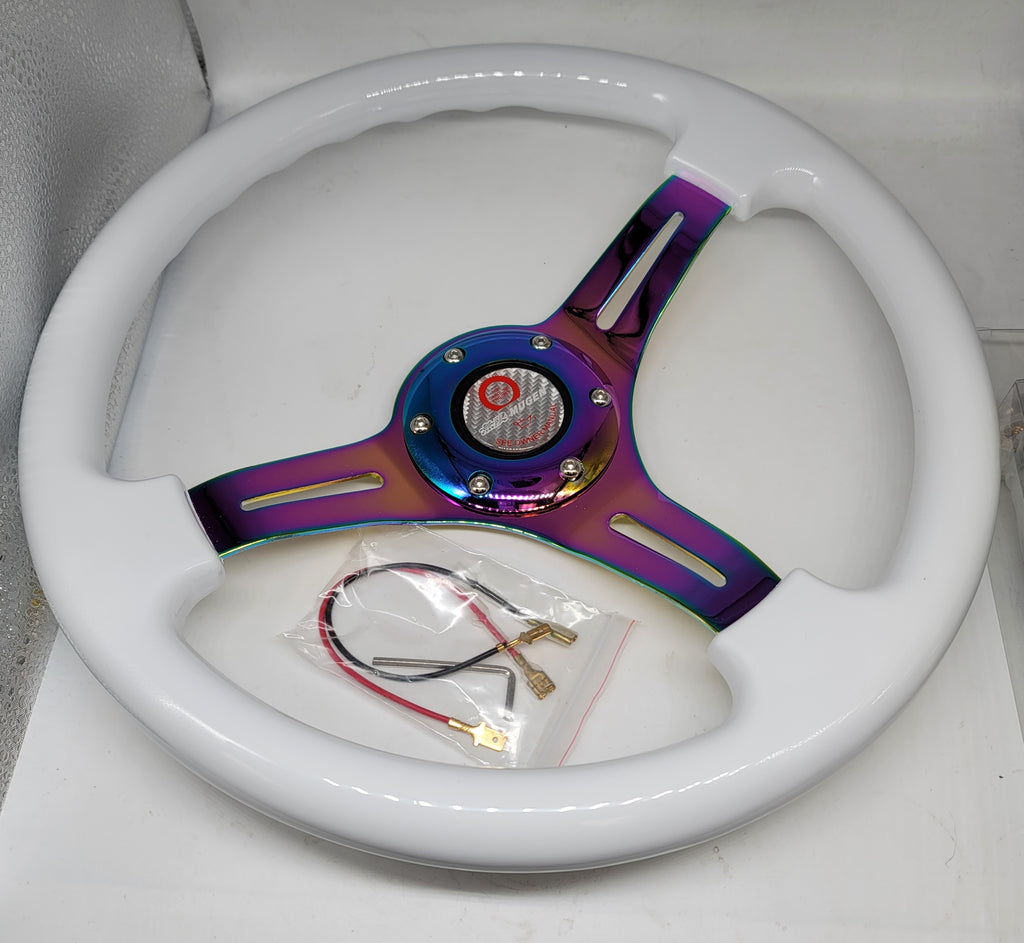 Brand New 350mm 14" Universal JDM Mugen Deep Dish ABS Racing Steering Wheel White With Neo-Chrome Spoke