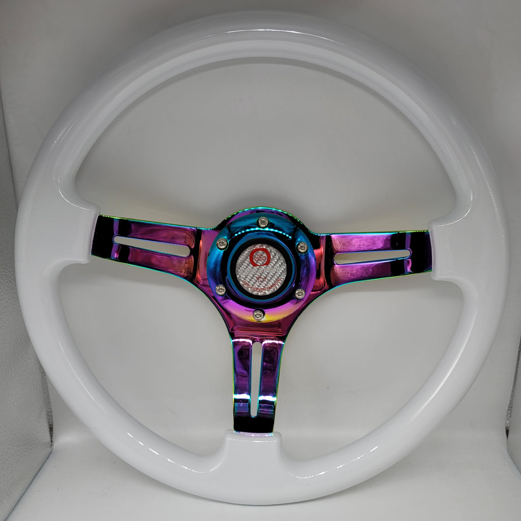 Brand New 350mm 14" Universal JDM Mugen Deep Dish ABS Racing Steering Wheel White With Neo-Chrome Spoke