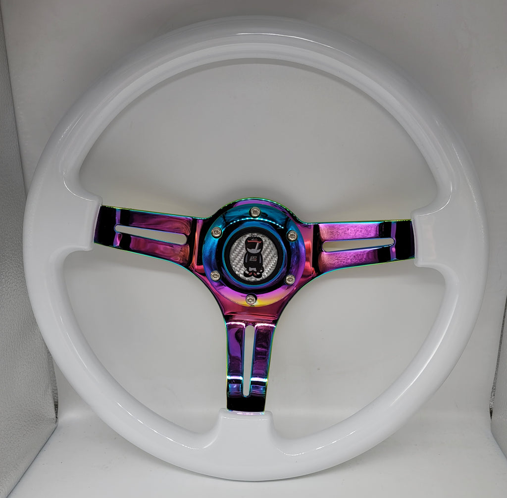 Brand New 350mm 14" Universal JDM Mugen Racer Deep Dish ABS Racing Steering Wheel White With Neo-Chrome Spoke