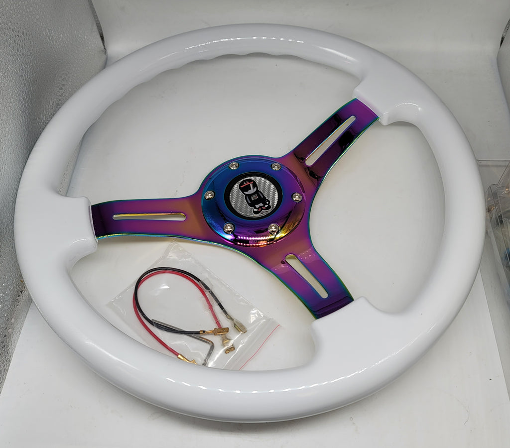 Brand New 350mm 14" Universal JDM Mugen Racer Deep Dish ABS Racing Steering Wheel White With Neo-Chrome Spoke