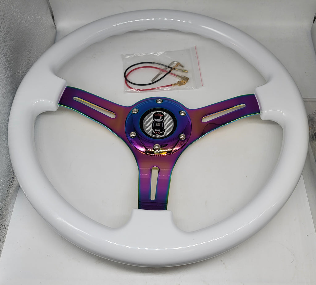 Brand New 350mm 14" Universal JDM Mugen Racer Deep Dish ABS Racing Steering Wheel White With Neo-Chrome Spoke