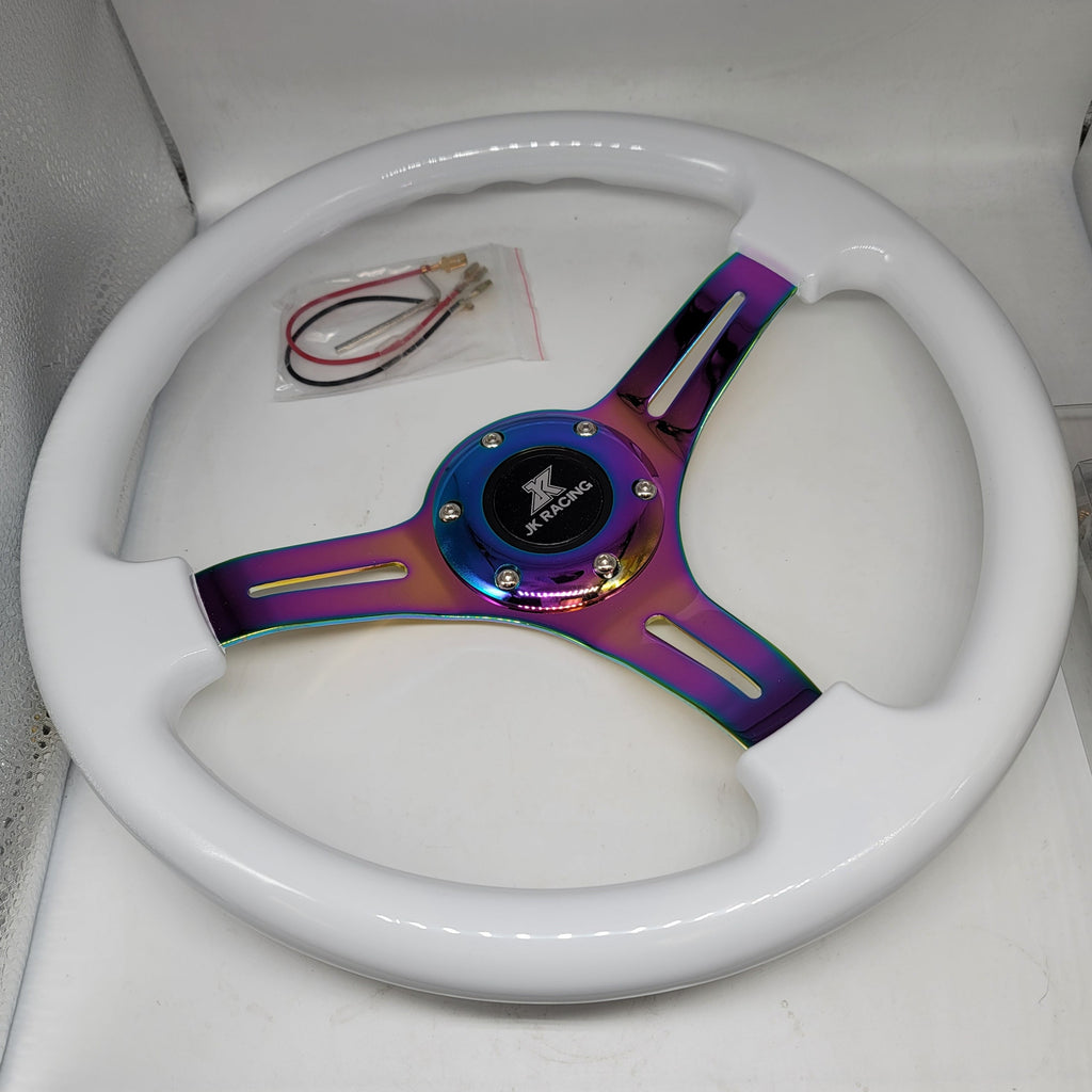 Brand New 350mm 14" Universal JDM JK RACING Deep Dish ABS Racing Steering Wheel White With Neo-Chrome Spoke