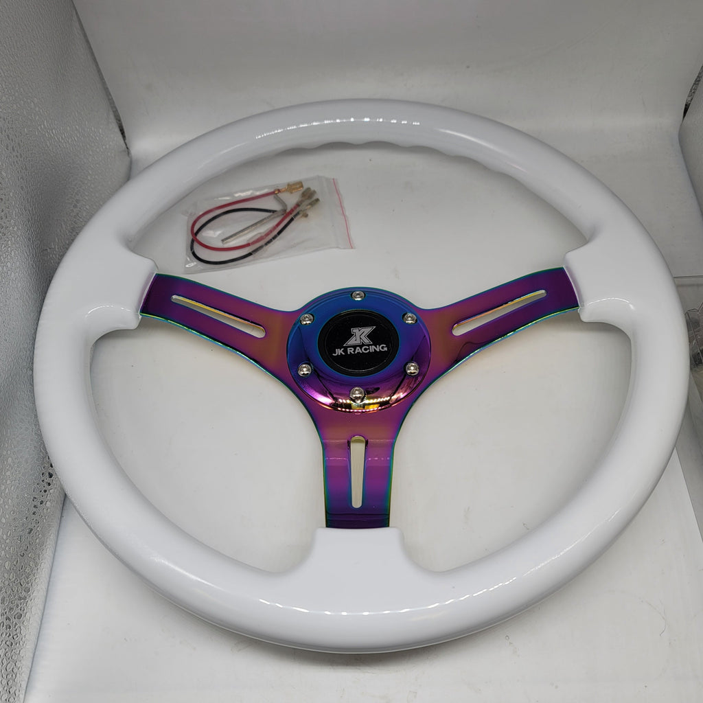 Brand New 350mm 14" Universal JDM JK RACING Deep Dish ABS Racing Steering Wheel White With Neo-Chrome Spoke