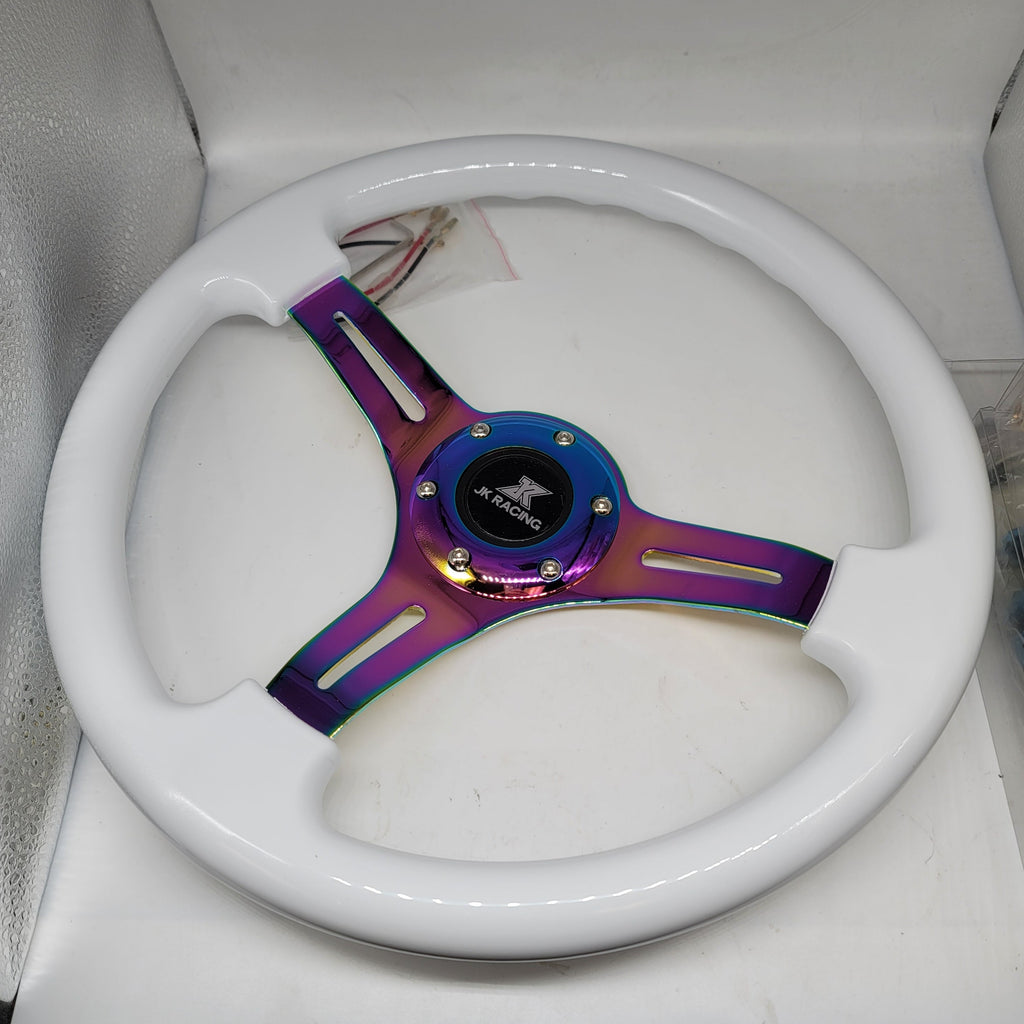 Brand New 350mm 14" Universal JDM JK RACING Deep Dish ABS Racing Steering Wheel White With Neo-Chrome Spoke