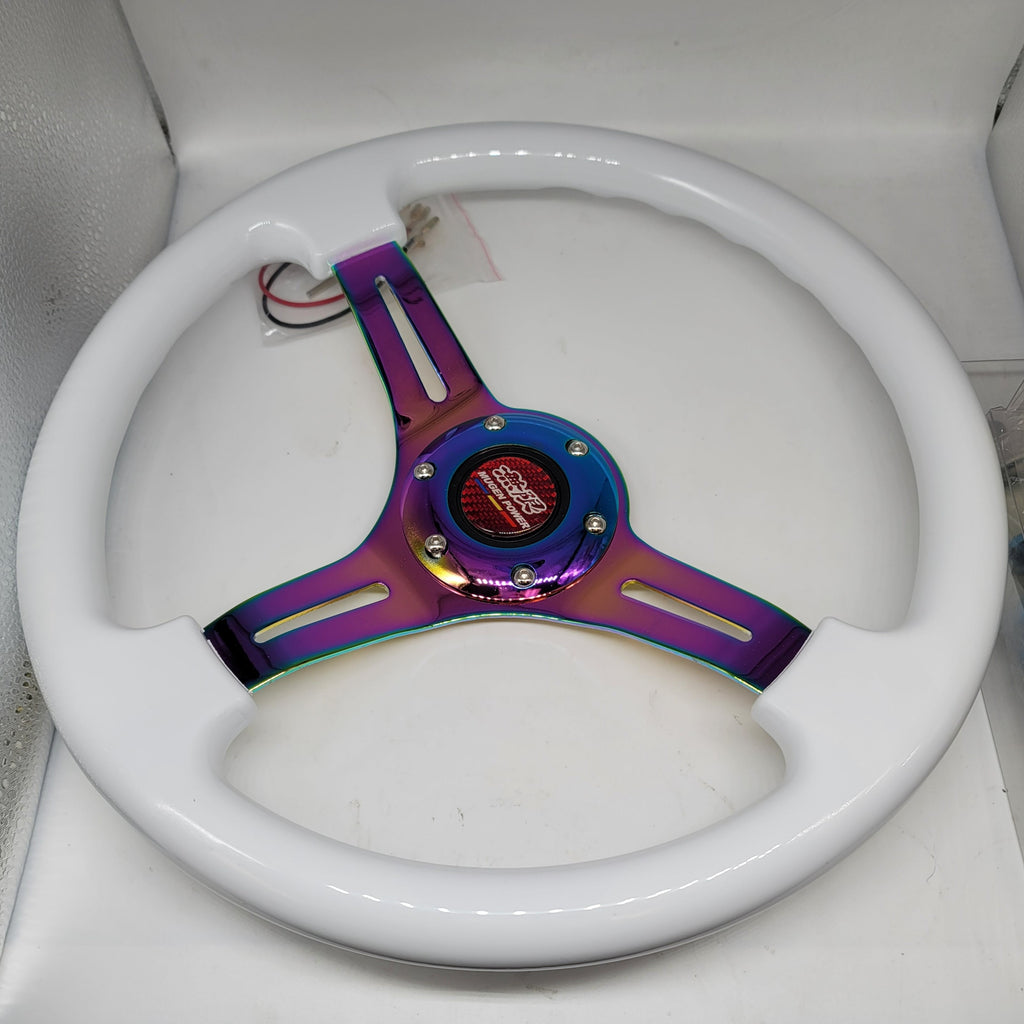 Brand New 350mm 14" Universal JDM Mugen Deep Dish ABS Racing Steering Wheel White With Neo-Chrome Spoke