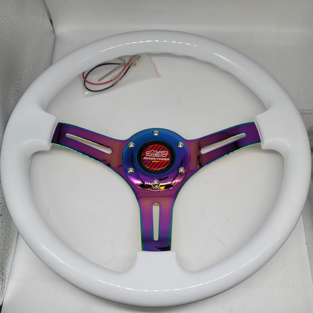 Brand New 350mm 14" Universal JDM Mugen Deep Dish ABS Racing Steering Wheel White With Neo-Chrome Spoke