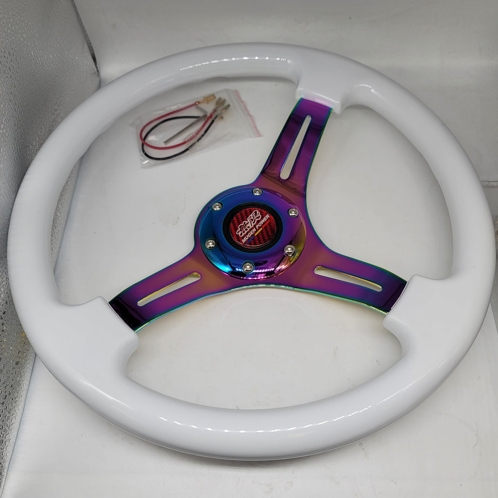 Brand New 350mm 14" Universal JDM Mugen Deep Dish ABS Racing Steering Wheel White With Neo-Chrome Spoke