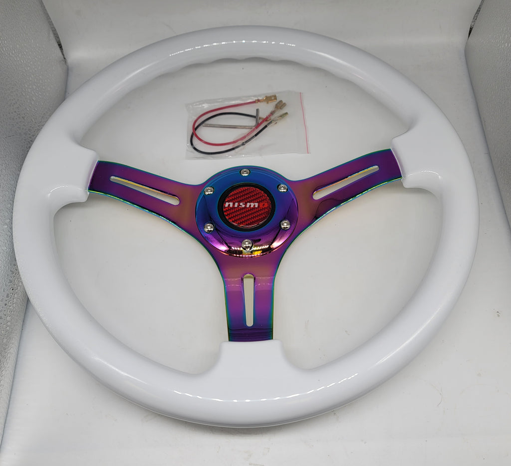 Brand New 350mm 14" Universal JDM Nismo Deep Dish ABS Racing Steering Wheel White With Neo-Chrome Spoke