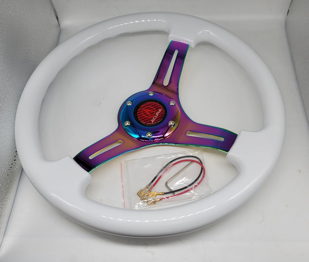 Brand New 350mm 14" Universal JDM Acura Deep Dish ABS Racing Steering Wheel White With Neo-Chrome Spoke