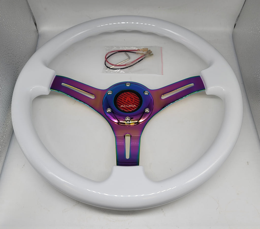 Brand New 350mm 14" Universal JDM Acura Deep Dish ABS Racing Steering Wheel White With Neo-Chrome Spoke