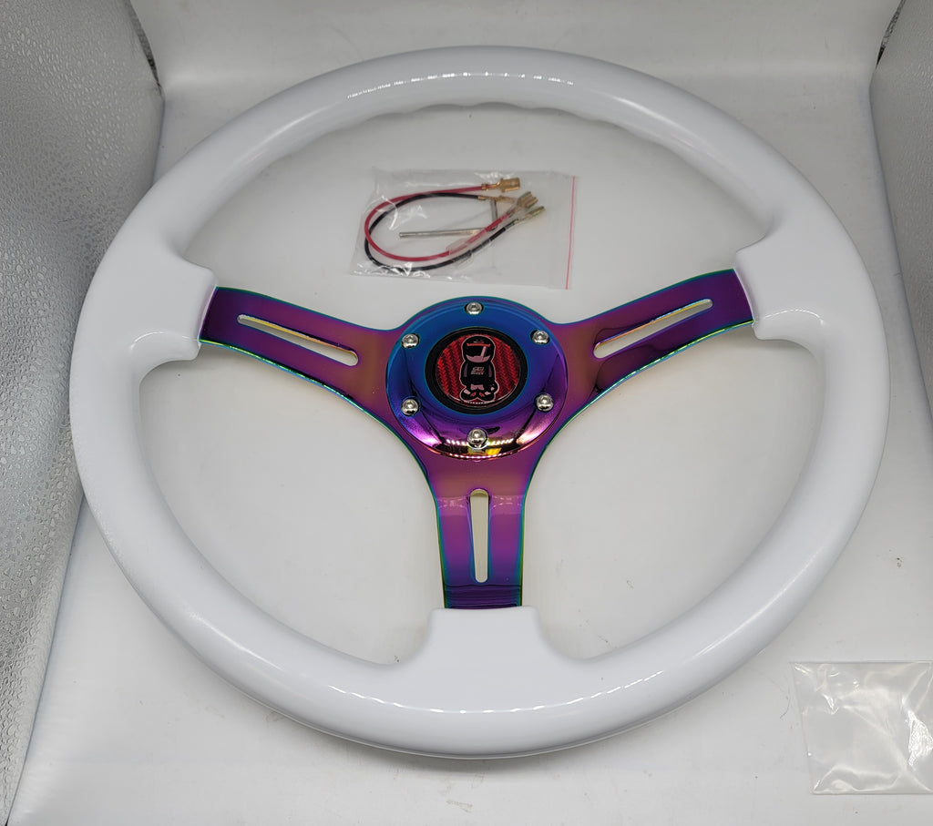 Brand New 350mm 14" Universal JDM Mugen Racer Deep Dish ABS Racing Steering Wheel White With Neo-Chrome Spoke