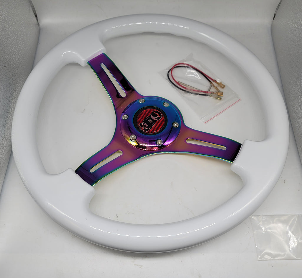 Brand New 350mm 14" Universal JDM Mugen Racer Deep Dish ABS Racing Steering Wheel White With Neo-Chrome Spoke