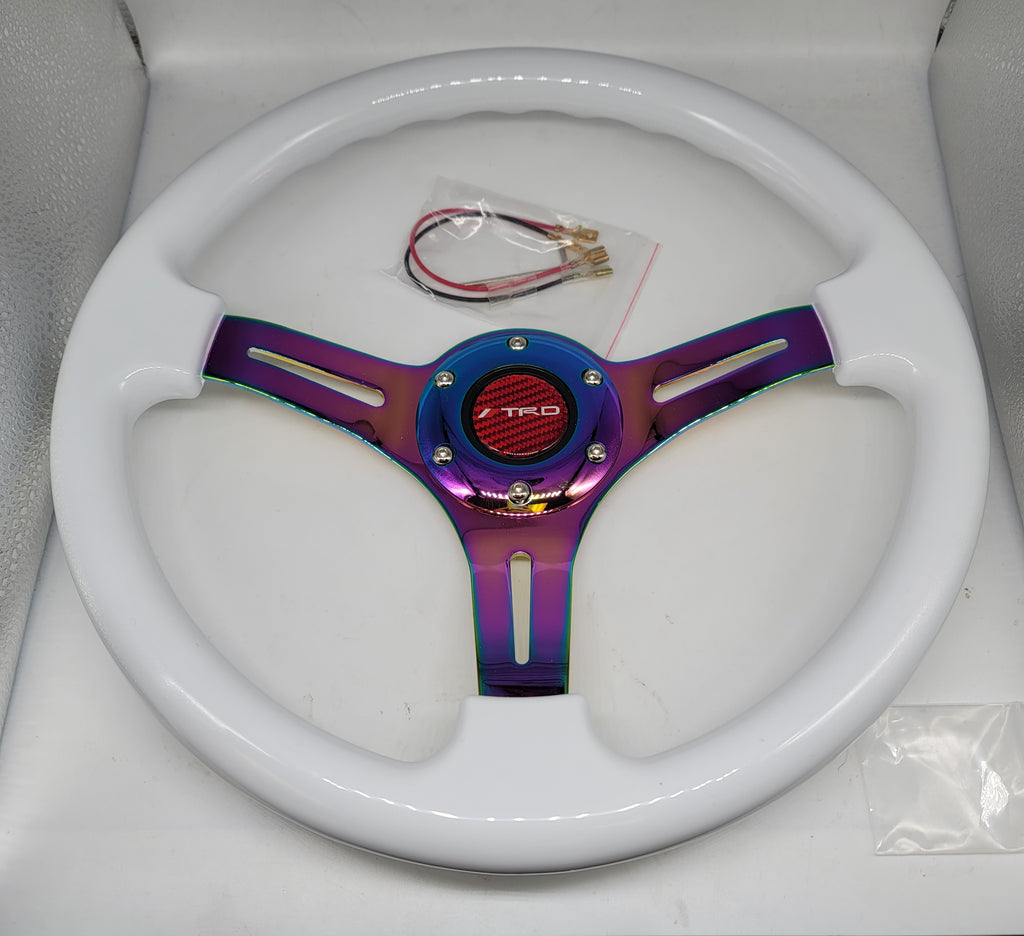 Brand New 350mm 14" Universal JDM TRD Deep Dish ABS Racing Steering Wheel White With Neo-Chrome Spoke