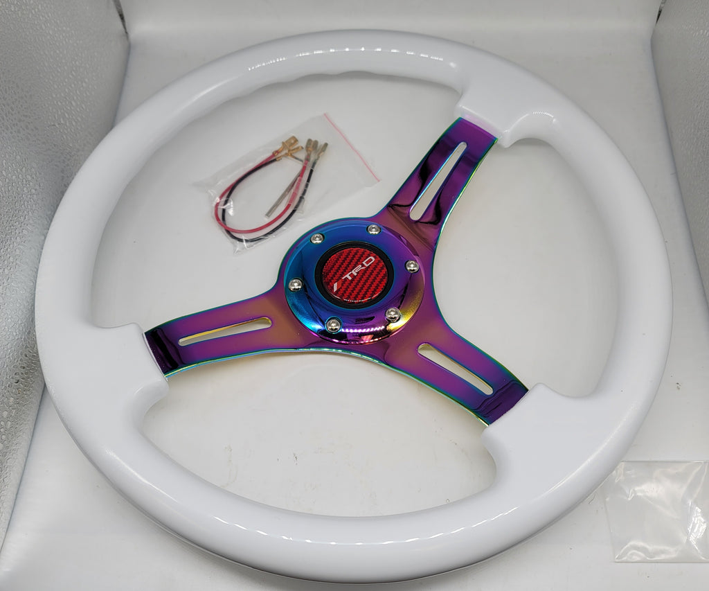 Brand New 350mm 14" Universal JDM TRD Deep Dish ABS Racing Steering Wheel White With Neo-Chrome Spoke