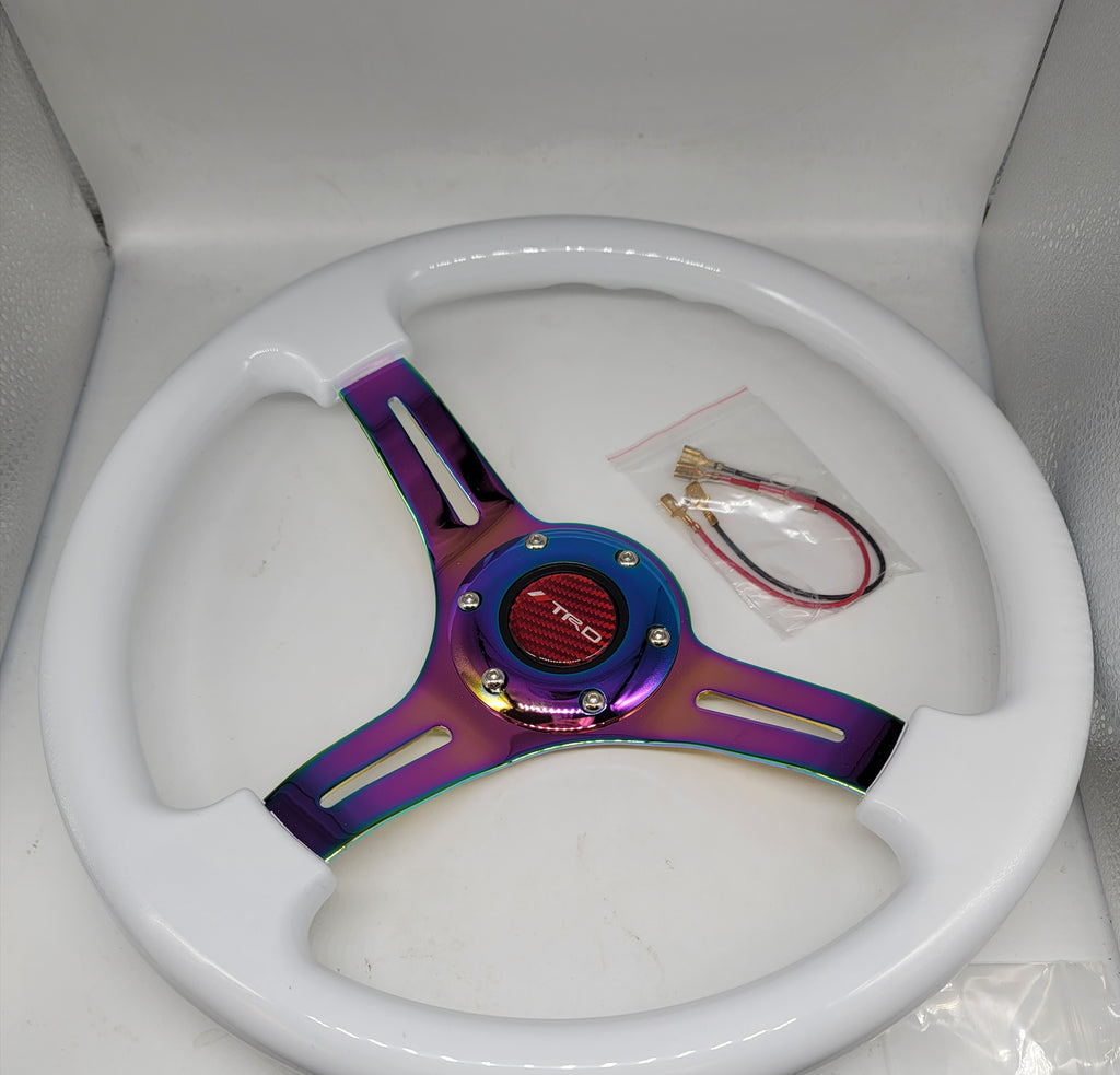 Brand New 350mm 14" Universal JDM TRD Deep Dish ABS Racing Steering Wheel White With Neo-Chrome Spoke
