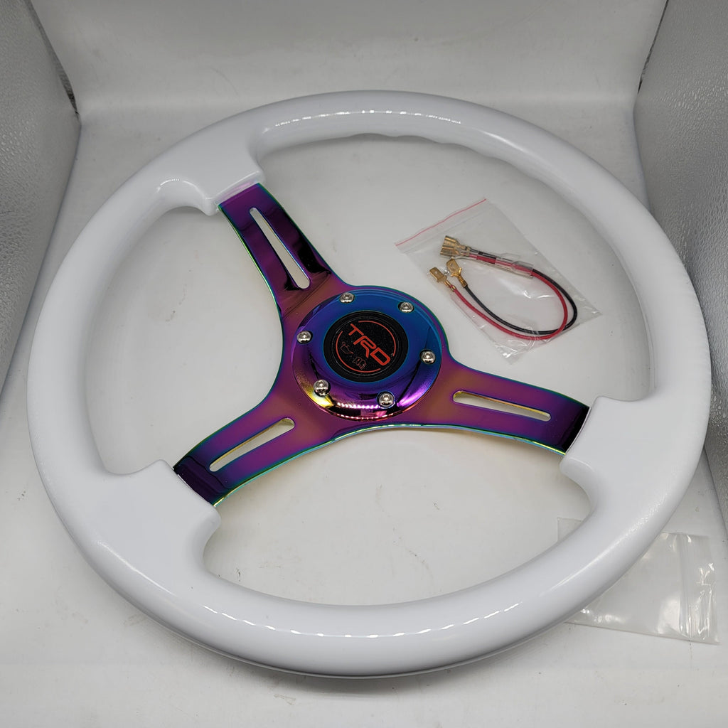 Brand New 350mm 14" Universal JDM TRD Deep Dish ABS Racing Steering Wheel White With Neo-Chrome Spoke