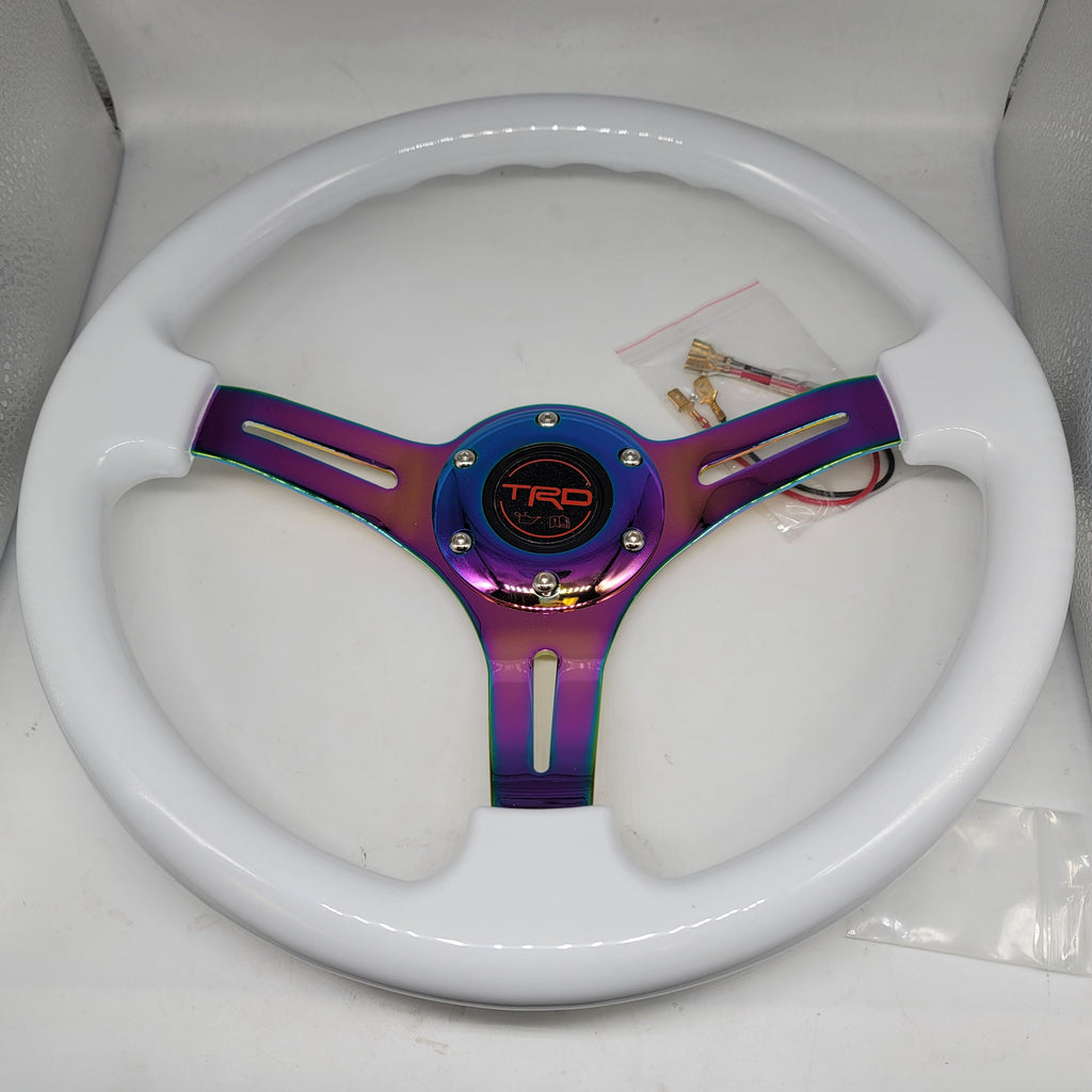 Brand New 350mm 14" Universal JDM TRD Deep Dish ABS Racing Steering Wheel White With Neo-Chrome Spoke