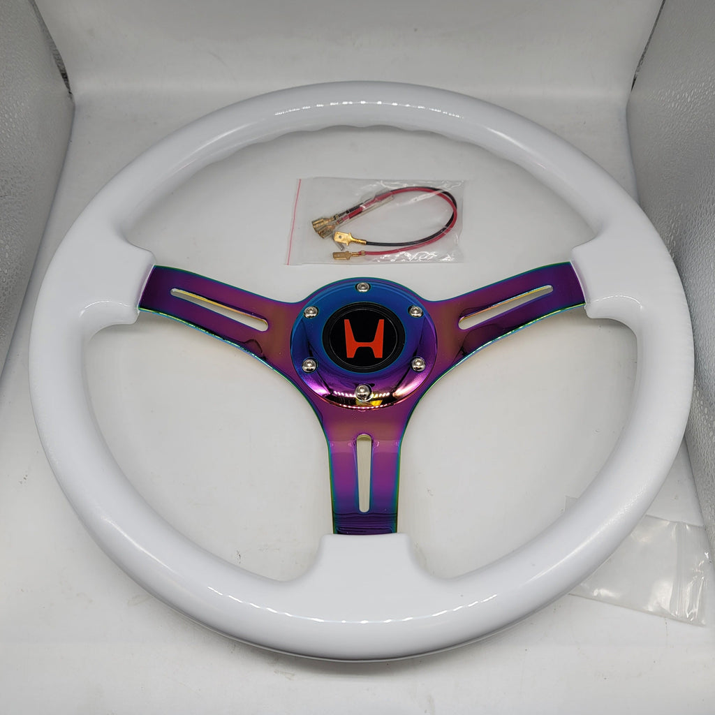 Brand New 350mm 14" Universal JDM RED HONDA Deep Dish ABS Racing Steering Wheel White With Neo-Chrome Spoke