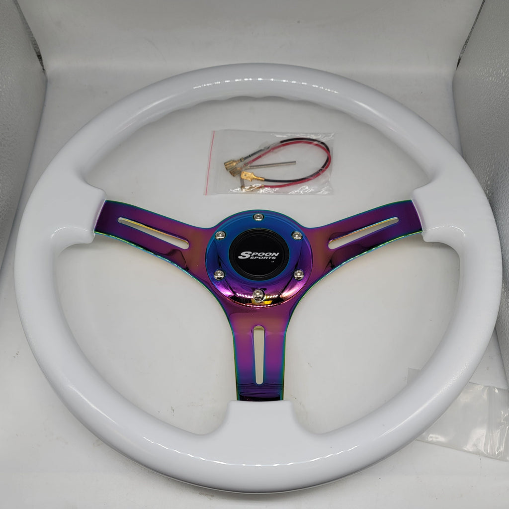 Brand New 350mm 14" Universal JDM Spoon Sports Deep Dish ABS Racing Steering Wheel White With Neo-Chrome Spoke