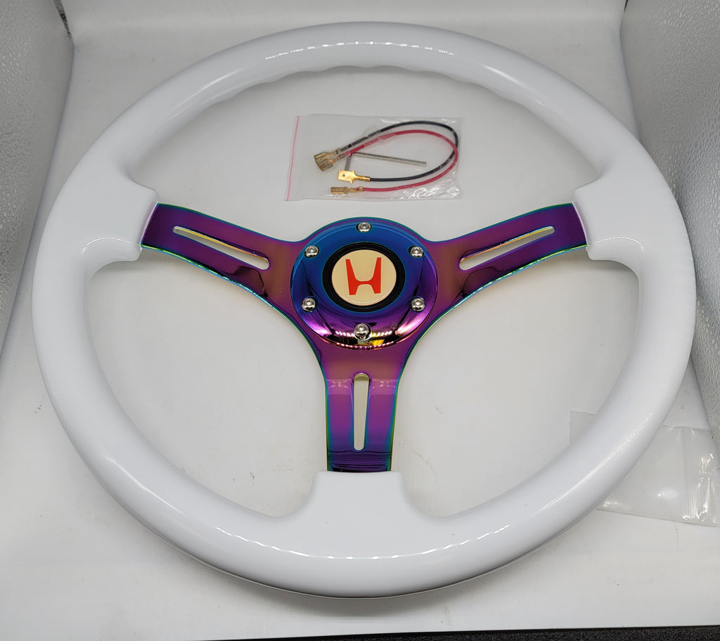 Brand New 350mm 14" Universal JDM RED HONDA Deep Dish ABS Racing Steering Wheel White With Neo-Chrome Spoke