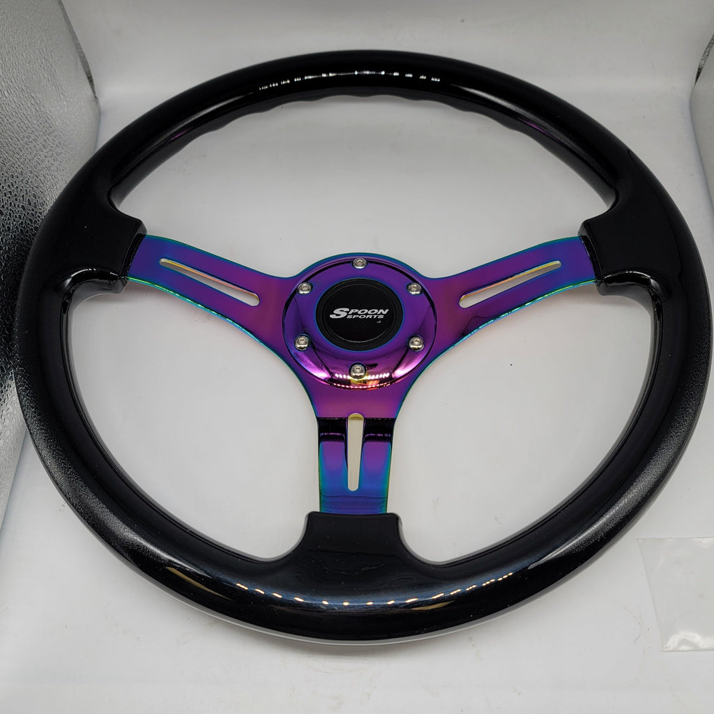 Brand New 350mm 14" Universal JDM Spoon Sports Deep Dish ABS Racing Steering Wheel Black With Neo-Chrome Spoke