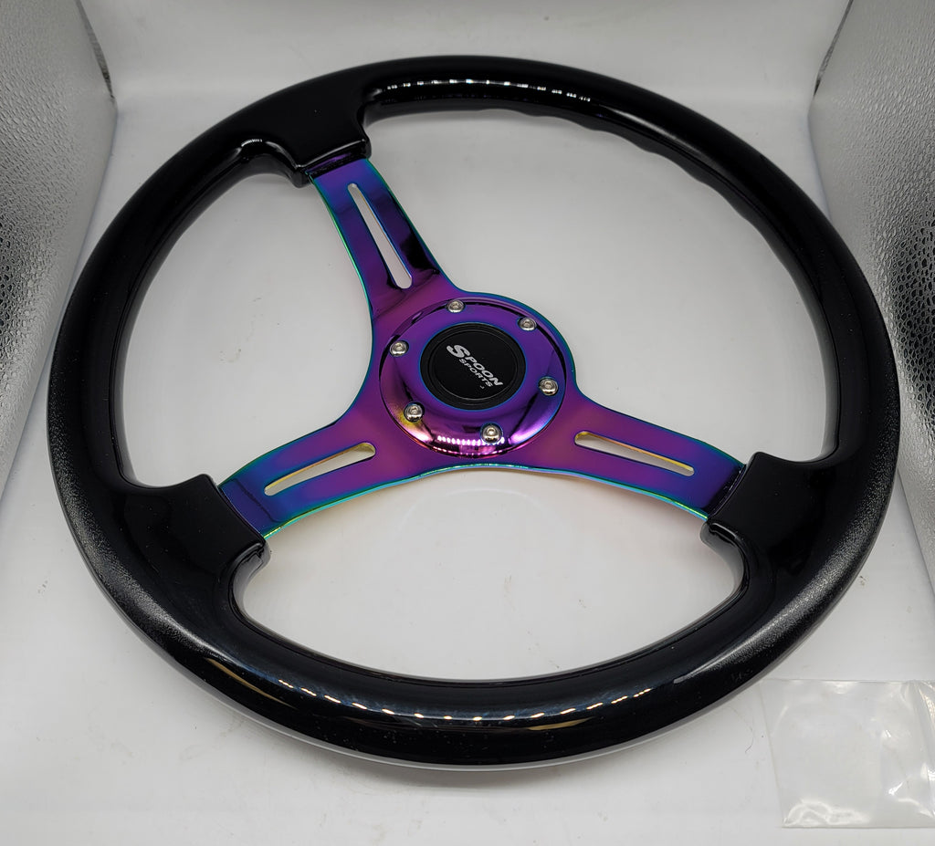 Brand New 350mm 14" Universal JDM Spoon Sports Deep Dish ABS Racing Steering Wheel Black With Neo-Chrome Spoke