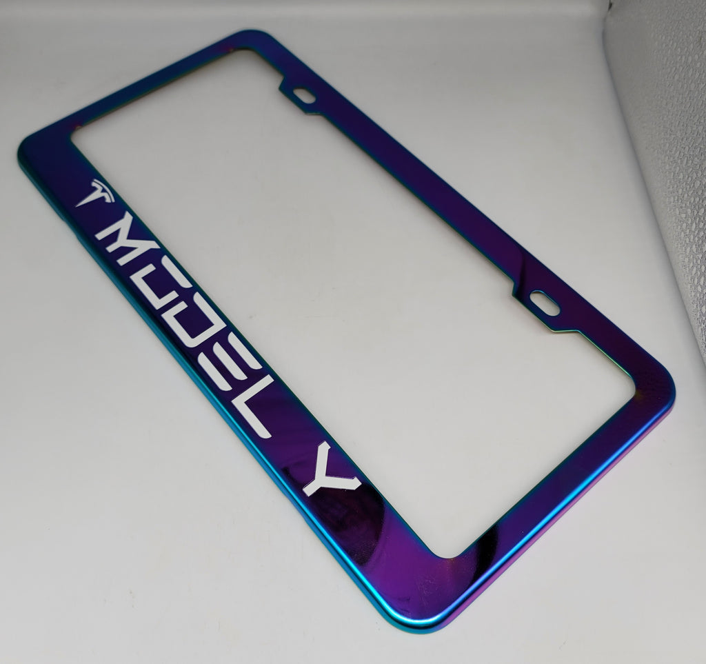 Brand New Universal 1PCS TESLA MODEL Y Neo Chrome Titanium Metal Steel License Plate Frame