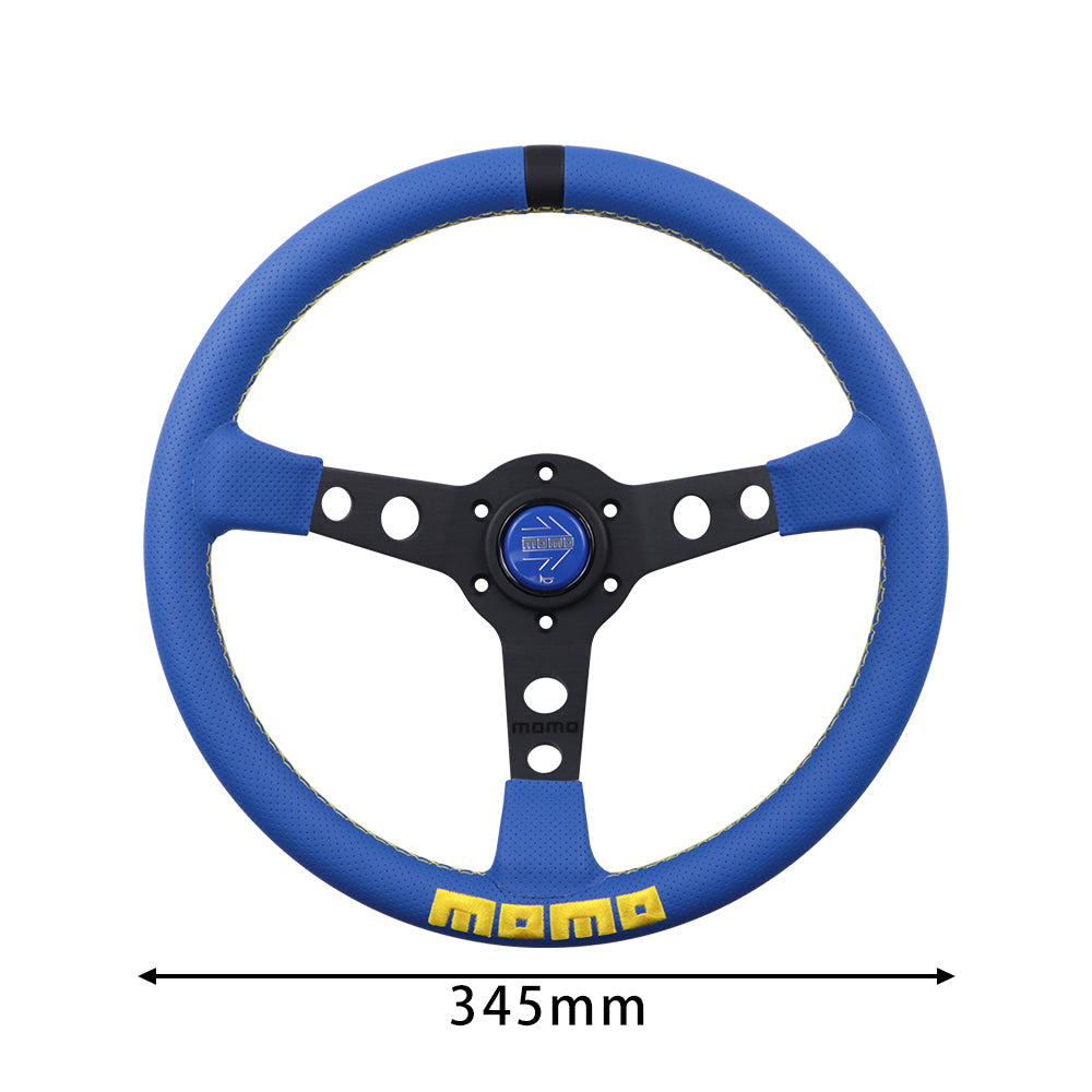 Brand New 350mm 14" Deep Dish Racing Momo Blue Steering Wheel PVC Leather Black Spoke