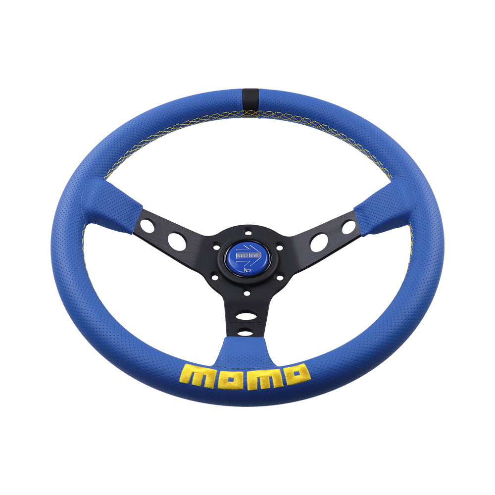 Brand New 350mm 14" Deep Dish Racing Momo Blue Steering Wheel PVC Leather Black Spoke