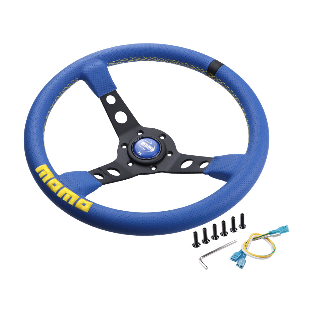 Brand New 350mm 14" Deep Dish Racing Momo Blue Steering Wheel PVC Leather Black Spoke