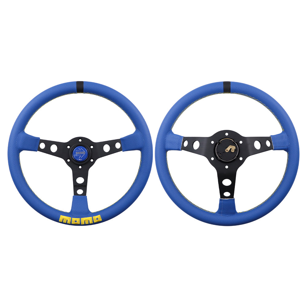 Brand New 350mm 14" Deep Dish Racing Momo Blue Steering Wheel PVC Leather Black Spoke