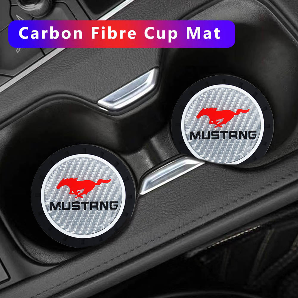 Brand New 2PCS MUSTANG Real Carbon Fiber Car Cup Holder Pad Water Cup Slot Non-Slip Mat Universal