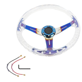 Brand New Universal 6-Hole 350mm Deep Dish Vip Clear Crystal Bubble Burnt Blue Spoke Steering Wheel