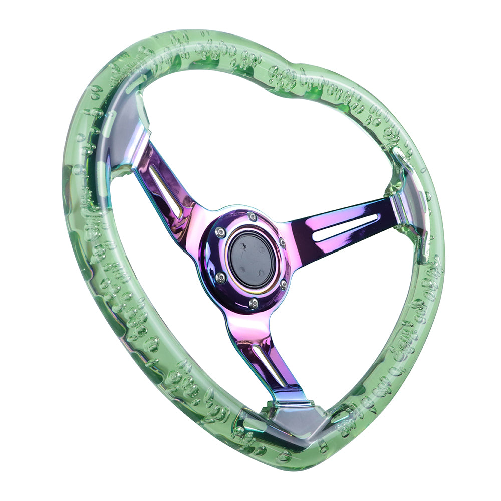 Brand New Universal 6-Hole 350MM Heart Green Deep Dish Vip Crystal Bubble Neo Spoke Steering Wheel