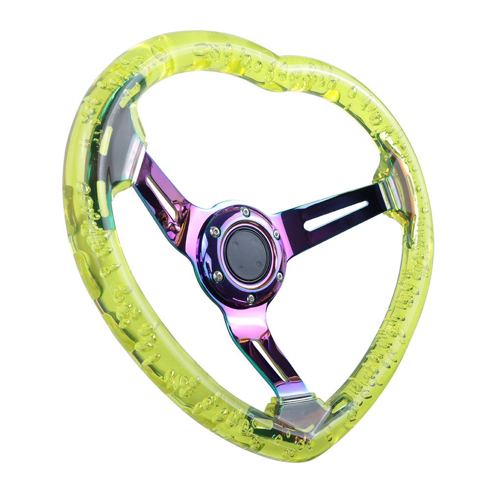 Brand New Universal 6-Hole 350MM Heart Yellow Deep Dish Vip Crystal Bubble Neo Spoke Steering Wheel