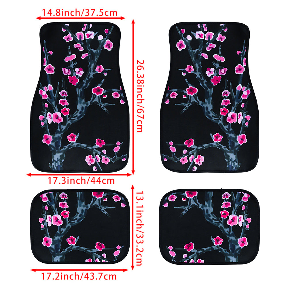 Brand New Universal 4PCS SAKURA FLOWER Racing Black Fabric Car Floor Mats Interior Carpets