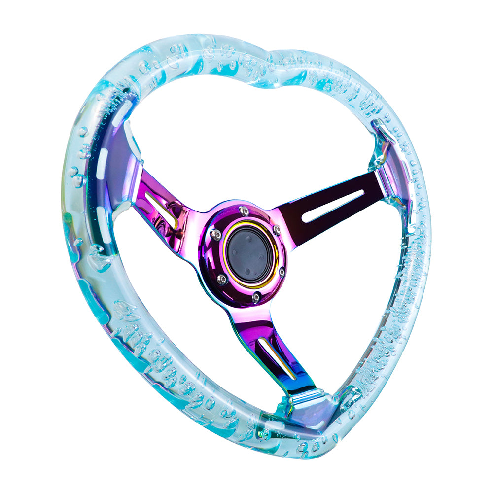 Brand New Universal 6-Hole 350MM Heart Light Blue Deep Dish Vip Crystal Bubble Neo Spoke Steering Wheel