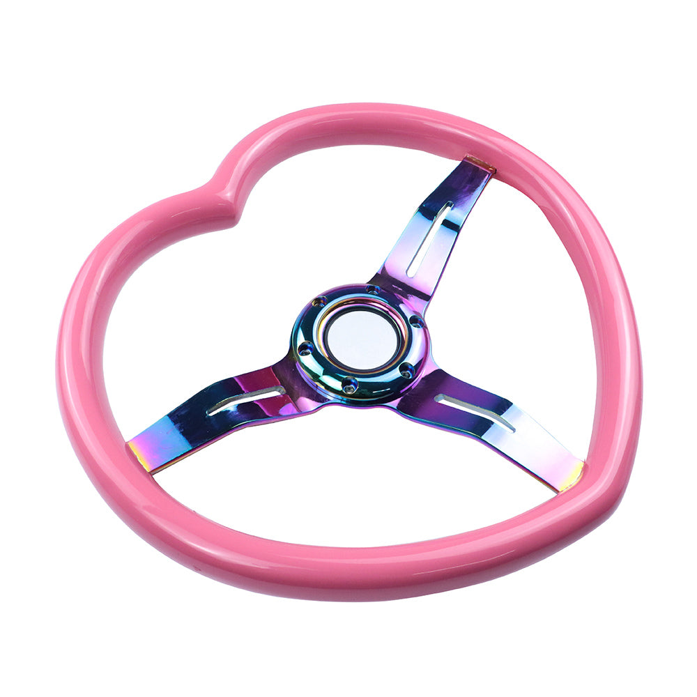 Brand New 350mm 13.77" Universal Heart Shaped Pink ABS Racing Steering Wheel Neo Chrome Spoke