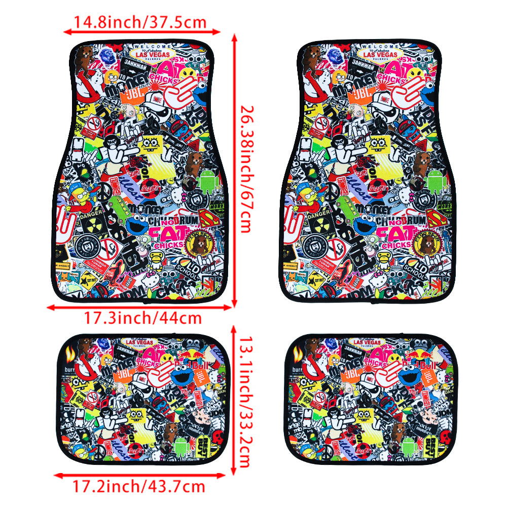 Brand New 4PCS UNIVERSAL JDM STICKERBOMB Racing Fabric Car Floor Mats Interior Carpets