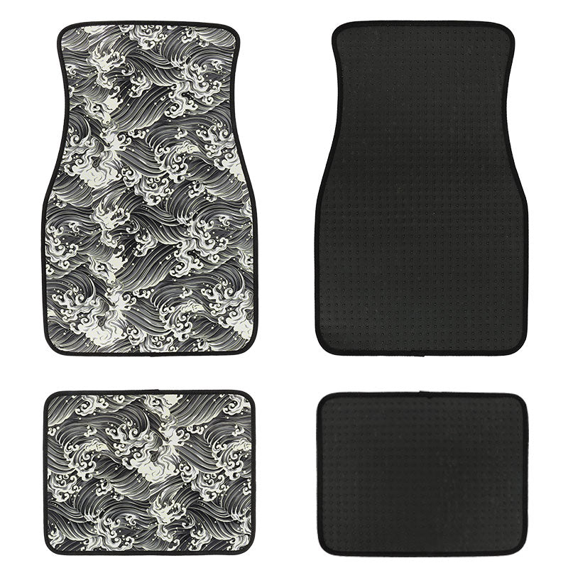 Brand New Universal 4PCS SAKURA WAVE Racing Black Fabric Car Floor Mats Interior Carpets
